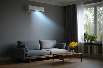 Scandinavian style living room interior with split air conditioner on, soft blue airflow, natural wood furniture, grey sofa, minimalist decor
