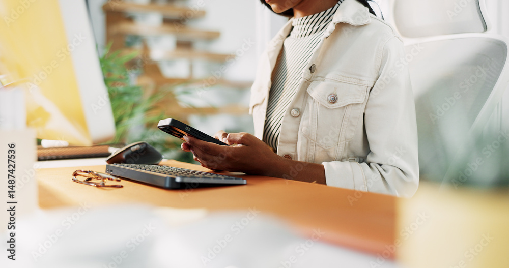 Poster business woman, hands and typing with phone at desk for client chat, research industry trends and ap