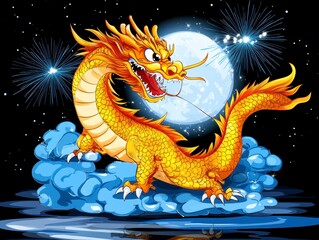 Obraz premium Majestic Golden Dragon Soaring Through Night Sky with Fireworks