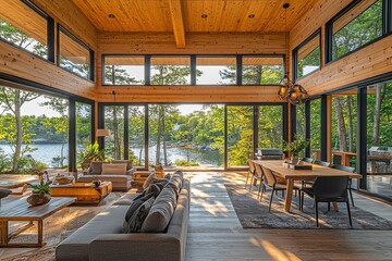 Modern dining area on covered porch of minimalist house in Maine, featuring large windows with views of greenery and water, light wood ceiling, black steel furniture, and midday sunlight.