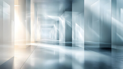 Abstract architectural perspective of a bright hallway with reflective surfaces and light beams