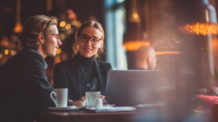 Two professionals sitting in warm cafe setting, laptop open with digital report, coffee steaming beside them.