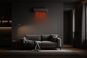 warm and cozy living room with split air conditioner heating the room, red-orange airflow from AC, winter vibe, soft lighting, grey sofa with blankets, modern interior decor