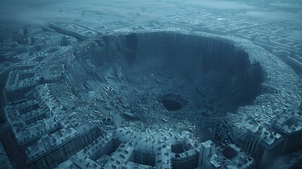 A city ravaged by a catastrophic event, with a large crater and scattered rubble, yet signs of life remain amidst the devastation.