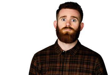 Fototapeta premium Shocked red-haired man with beard, wide eyed expression, cut out transparent