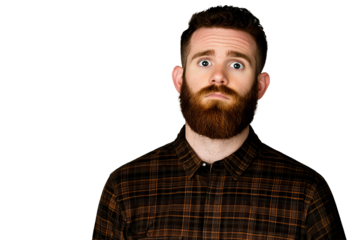 Shocked red-haired man with beard, wide eyed expression, cut out transparent