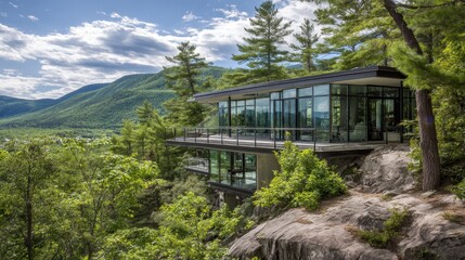Stunning Modern Glass House Perched on Rock Outcrop Surrounded by Lush Greenery and Majestic Mountains Under Bright Blue Sky