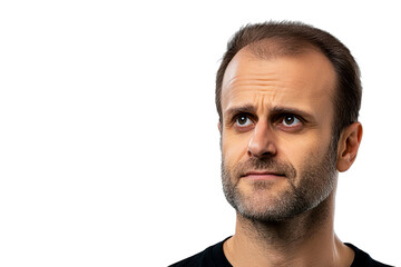 Fototapeta premium Thoughtful middle-aged man looking upward, headshot, cut out transparent