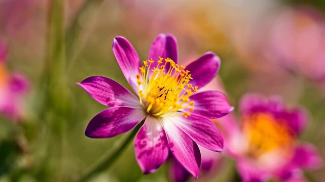 Close-up of vibrant purple and white blossom with striking yellow stamens in a soft, natural light outdoor garden environment.