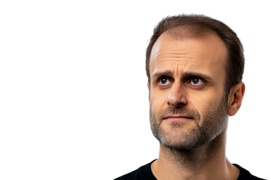 Thoughtful middle-aged man looking upward, headshot, cut out transparent