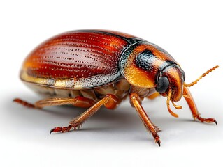 A detailed close-up studio shot reveals a vibrant red and black beetle with intricate textured against a stark white background.