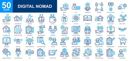Digital Nomad icon set collection. Online working, smart work, working at home, comfort zone, professions and jobs icon. Simple line color vector.