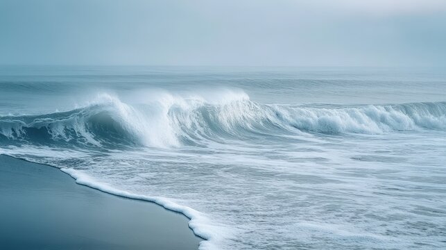 Misty Grey Ocean Waves Crashing on a Sandy Beach