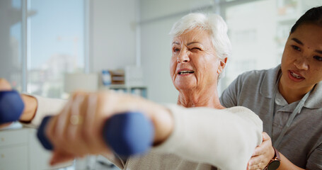 Physical therapy, weights and woman with mature patient for medical service, support and muscle...