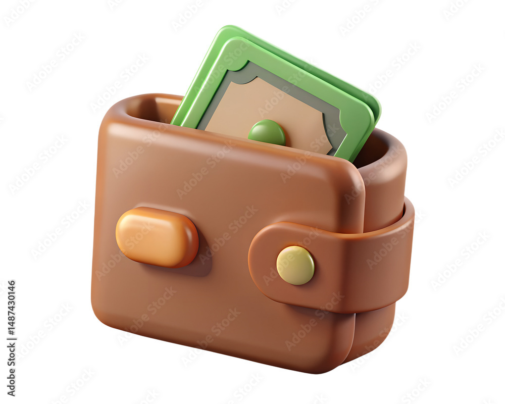 Poster 3d rendering of brown wallet overflowing with stacked money bills on transparent background high qua