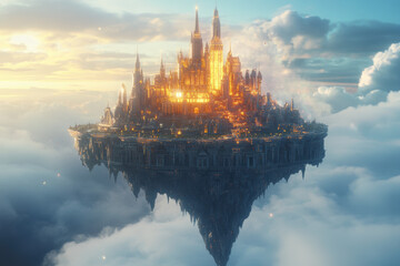 Obraz premium Celestial Citadel: An ethereal castle suspended amidst the clouds, radiating a golden glow against a backdrop of a vibrant sunrise, evokes a sense of wonder and majesty.
