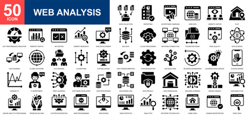 Web Analysis icon set collection. Web development, web management, web research, digital service, cloud computing icon. Simple glyph vector.