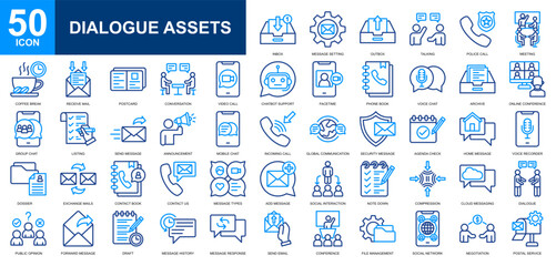 Dialogue Assets icon set collection. Smart communication, social media, mobile app, direct message, discussion icon. Simple line color vector.