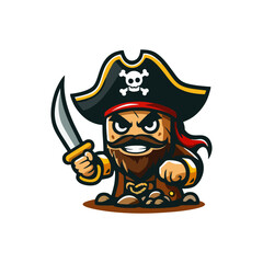 Pirate mascot character design illustration vector cartoon for logo treasure sword adventure marine captain ocean ship crew skull beard eyepatch outlaw villain hero scary fantasy old man art