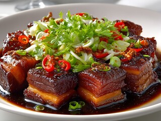 Delicious braised pork belly cubes are artfully arranged on a white plate garnished with fresh herbs and chili peppers.
