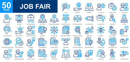 Job Fair icon set collection. Professions and jobs, job seeker, Job recruitment, hiring, events icon. Simple line color vector.