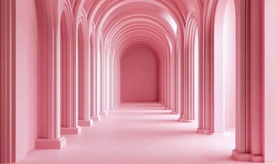Elegant pink architectural hallway with arches and pillars.