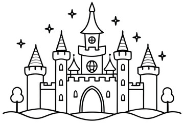 Obraz premium Black outlined fairytale castle under stars, featuring stylized trees and crenellated towers