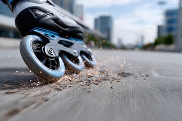 A close-up view of rollerblade wheels generating sparks while skater glides over pavement, emphasizing speed and energy in an urban environment filled with life.