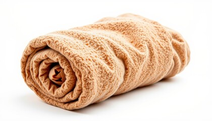 a soaked hand towel made from upcycled cotton, rolled cleanly with visible moisture detail on fibers