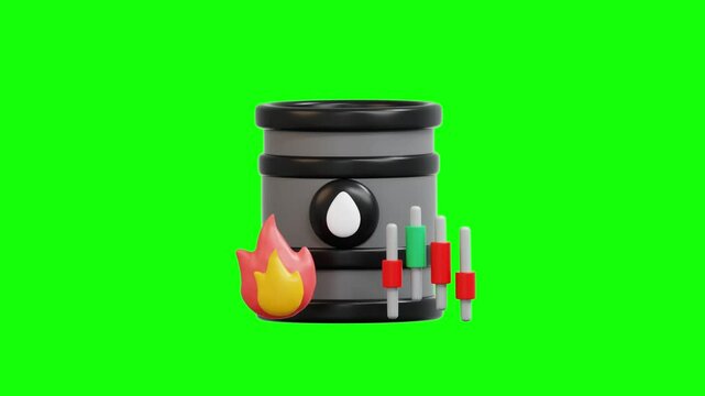 3D Greenscreen Video Oil industry concept with barrel, flames, water, graph, red and green bars. Suitable for presentations, reports, articles, and websites.