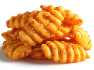 A delicious pile of crispy seasoned wavy potato chips sits on a bright white background perfect for food packaging or advertising.