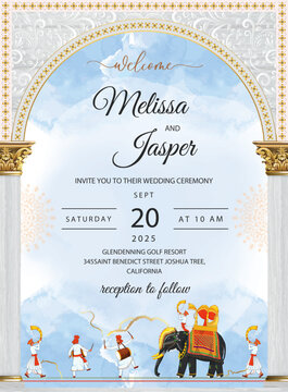 Indian Desi Punjabi Rajasthani Wedding invitation with Tress yellow Flowers Elephant bhangra band baja dhol. Vector file