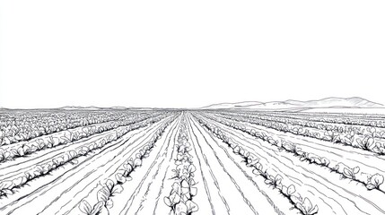 Farmland Rows Sketch, Rows of Plants, Rural Landscape, Line Art View, Agricultural Scene, Stock Image, White Background, Detailed Drawing