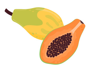 Ripe papaya fruit whole and sliced.