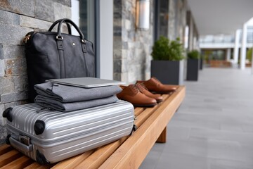 A stylish arrangement of a sleek suitcase, brown shoes, and a laptop sits on a modern wooden bench, creating a sophisticated look perfect for any traveler or business person.