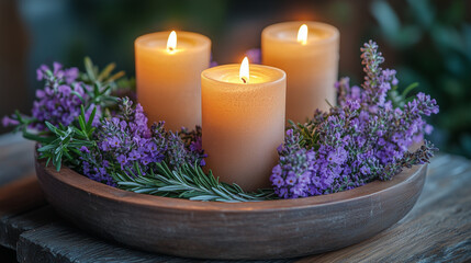 Burning Candles with Lavender and Rosemary in Wooden Tray. Cozy arrangement of three burning candles surrounded by lavender and rosemary on a wooden tray, perfect for relaxation and spa ambiance.