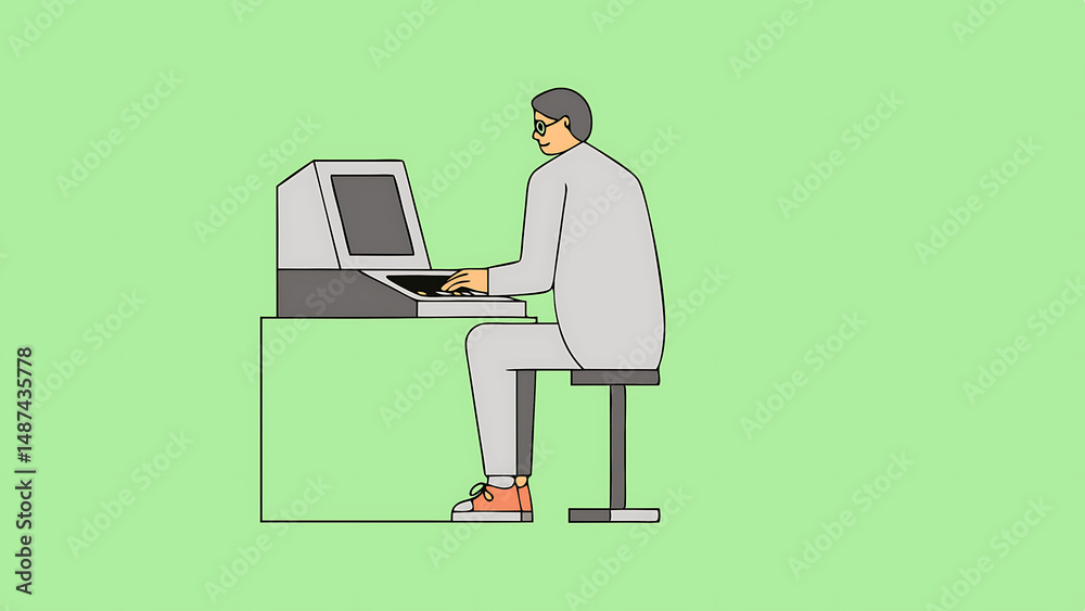 Poster side view of caucasian male software engineer programming on old desktop computer in retro garage fo