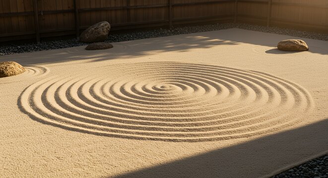 Zen Garden with Circular Pattern in Sand and Rocks