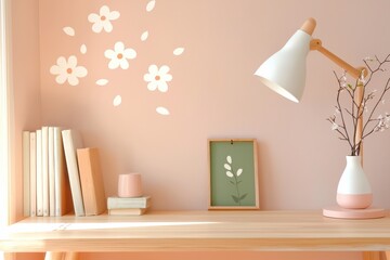Stylish Minimalist Home Office Backdrop With Fresh Flowers, Bright Desk Lamp And Soft Wall Art, Inspiring A Productive Atmosphere