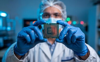 Technician Examining a High-Tech Microchip in a Clean Room