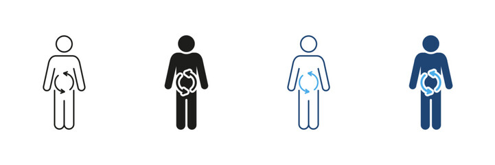 Human Digestive System Line and Silhouette Icon Set. Healthy Digestion And Diet. Man with Arrows on Belly Sign. Editable Stroke. Isolated Vector Illustration