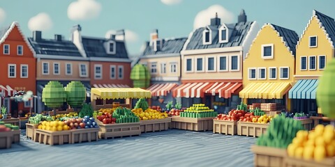 Pixelated market scene with colorful stalls.