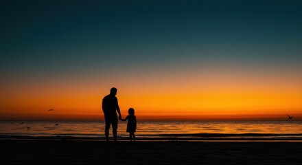 Sunset Silhouette: Father and Daughter Holding Hands at the Beach