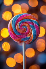  Swirl Lollipop with Bokeh Lights. Bright colorful swirl lollipop in focus with a festive bokeh background of warm golden lights.