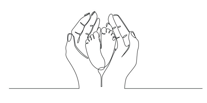 one continuous line drawing of adult hand and baby foot.single line vector illustration of open palm and baby foot.sign of baby birth,care.abstract line art.eps 10