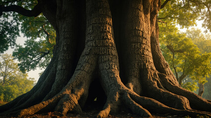 Ancient majestic tree with engraved text standing tall in a sunlit forest setting