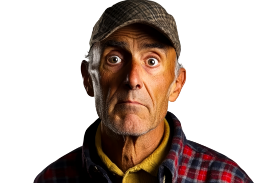 Surprised Elderly Man Wearing Cap with Wide Eyes, cut out transparent