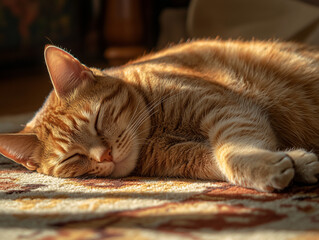 Sleeping Orange Tabby Cat on Carpet. Cute orange tabby cat peacefully sleeping on a cozy carpet in warm sunlight, capturing a quiet and comforting domestic moment.