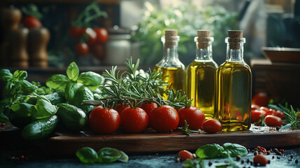 Mediterranean Ingredients with Olive Oil. Fresh Mediterranean ingredients including tomatoes, basil, rosemary, and bottles of olive oil on a rustic wooden table in moody lighting.