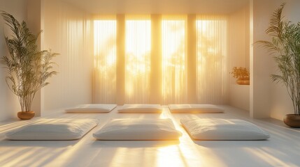 Serene Minimalist Meditation Room with Sunlight Streaming Through Windows